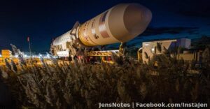 This is a photo of the Antares rocket a few days ago as it rolled out to the launch pad. Not much of it