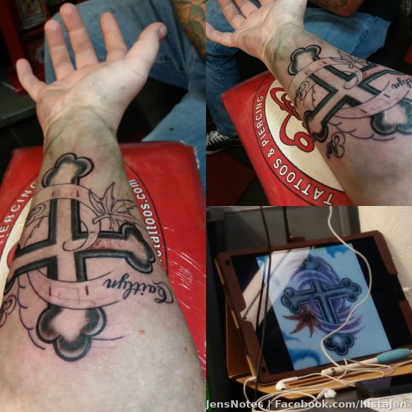 Random pit stop... a little ink. Just a little...lol Cross with a hurricane swirl of purple with kids names #tattoo #atomictattoos #lakeland #bodyart #painful.