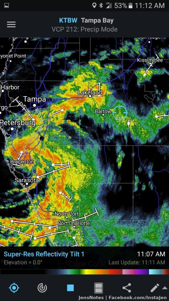 The center will pass pretty much overhead in a while. Not too bad at the moment but much heavier rain is on the way.