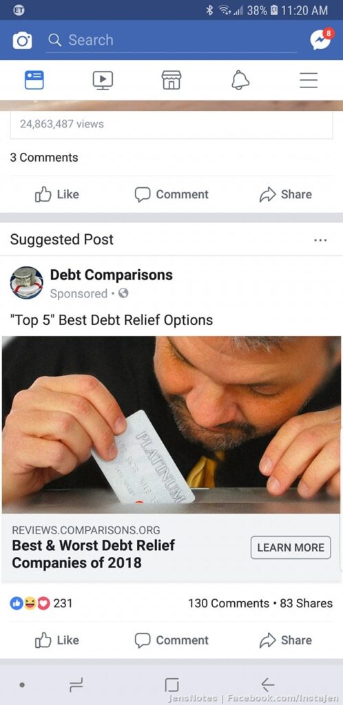 I hate FB ads but really I took one look at this debt relief ad and my first thought his relief was snorting a
