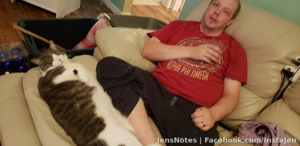 Poor @[20904508:2048:Jason Mellen]... he just can't realax comfortably while enjoying a drink. Cat hasn't moved except to change positions most of the day lol.