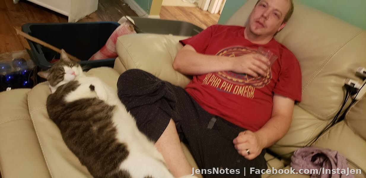 Poor @[20904508:2048:Jason Mellen]... he just can't realax comfortably while enjoying a drink. Cat hasn't moved except to change positions most of the day lol.