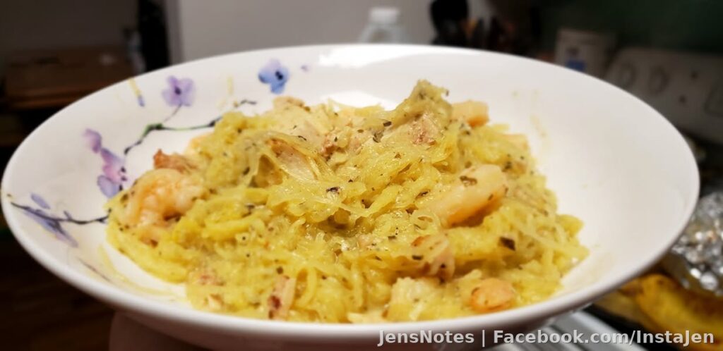 Pasta with chicken and shrimp... except it's spaghetti squash. High protein, low fat. Can't tell it's not pasta and Jason loves it.