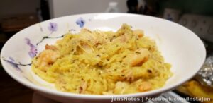 Pasta with chicken and shrimp... except it's spaghetti squash. High protein, low fat. Can't tell it's not pasta and Jason loves it.
