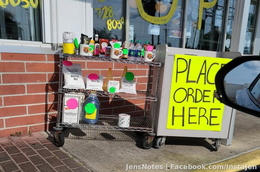 Our waffle house is getting desperate... you can buy waffle mix, syrup, toilet paper, ketchup... all the good stuff!