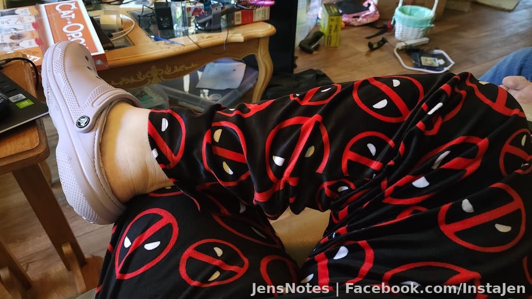 Thank you @[1192514361:2048:Eldona Beth Mellen] for the perfect Christmas gift! They are so comfy along with my light purple crocs. Deadpool wears his blue
