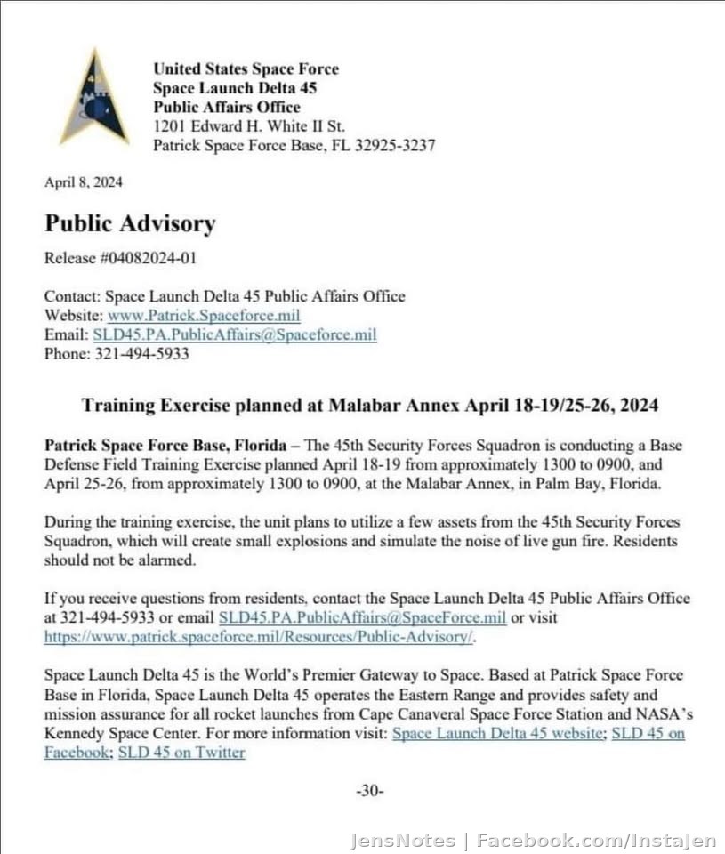 For the Palm Bay locals... planned explosions and gunfire from the Malabar Annex Space Force Base. Well, they gotta use the base in some