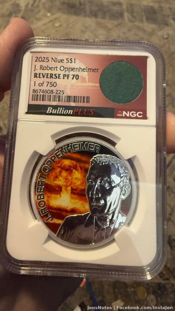 One of the cooler coins purchased today is J. Robert Oppenheimer PF 70 with a piece of fabric (upper right) from his tool chest