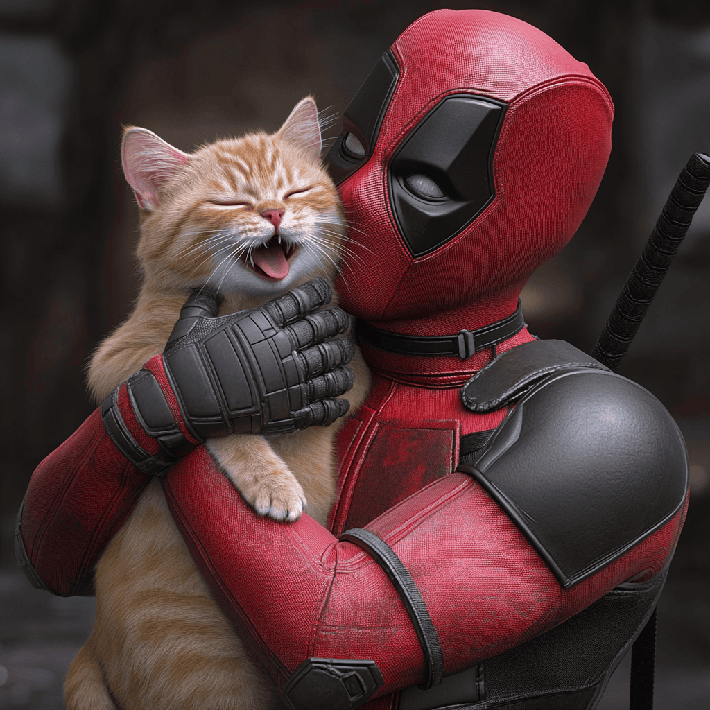 Deadpool hugging a ginger kitten.