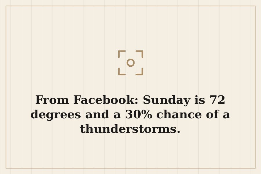 From Facebook: Sunday is 72 degrees and a 30% chance of a thunderstorms. — cover