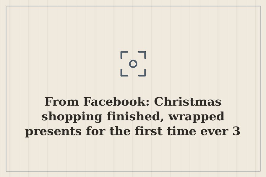 From Facebook: Christmas shopping finished, wrapped presents for the first time ever 3 day — cover