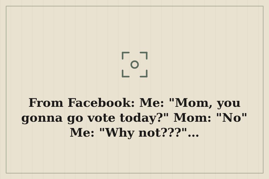 From Facebook: Me: "Mom, you gonna go vote today?" Mom: "No" Me: "Why not???"… — cover
