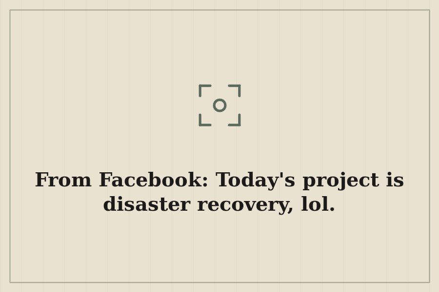From Facebook: Today's project is disaster recovery, lol. — cover