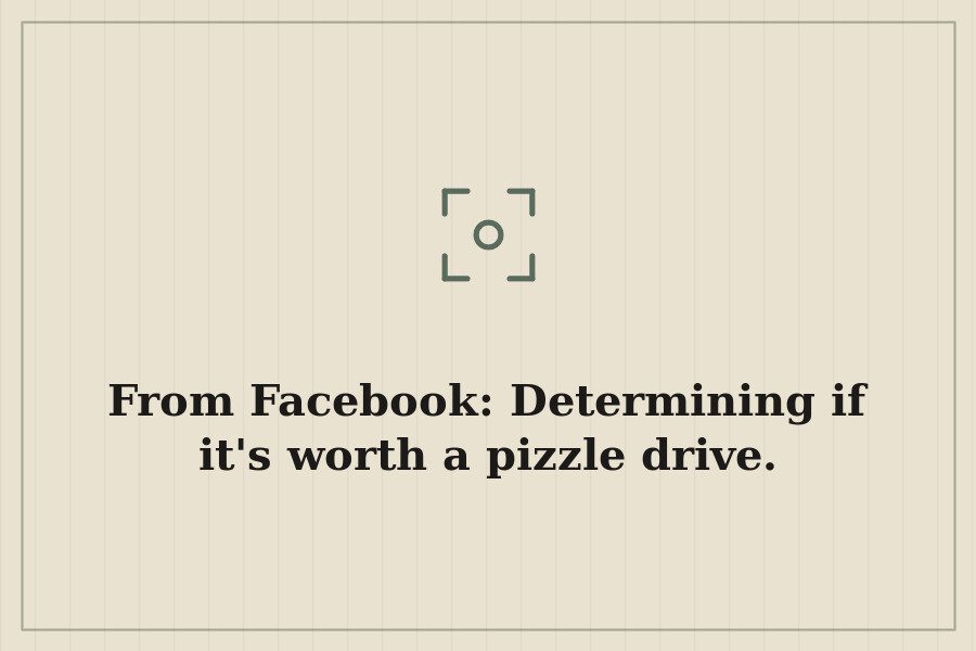 From Facebook: Determining if it's worth a pizzle drive. — cover