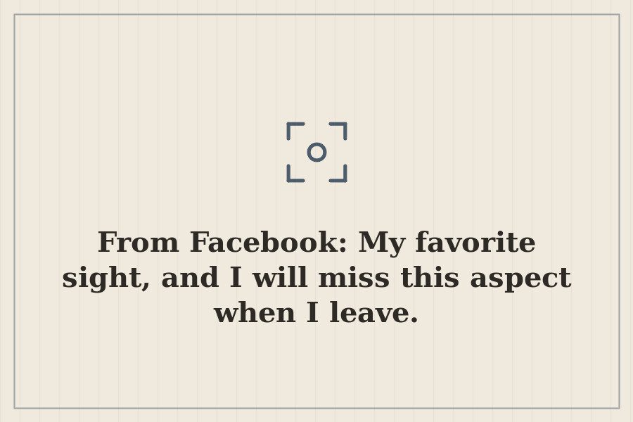 From Facebook: My favorite sight, and I will miss this aspect when I leave. — cover