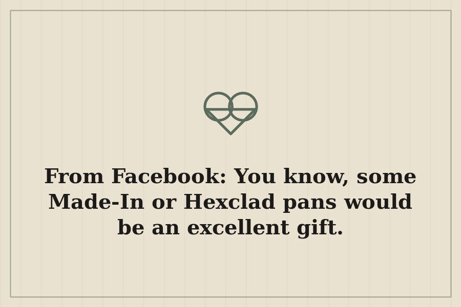 From Facebook: You know, some Made In or Hexclad pans would be an excellent gift. — cover