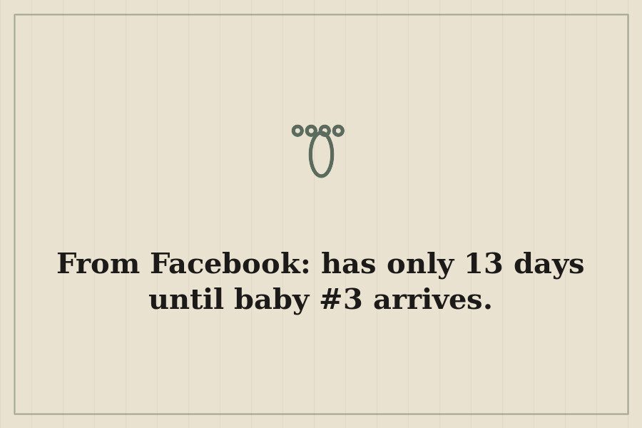 From Facebook: has only 13 days until baby #3 arrives. — cover