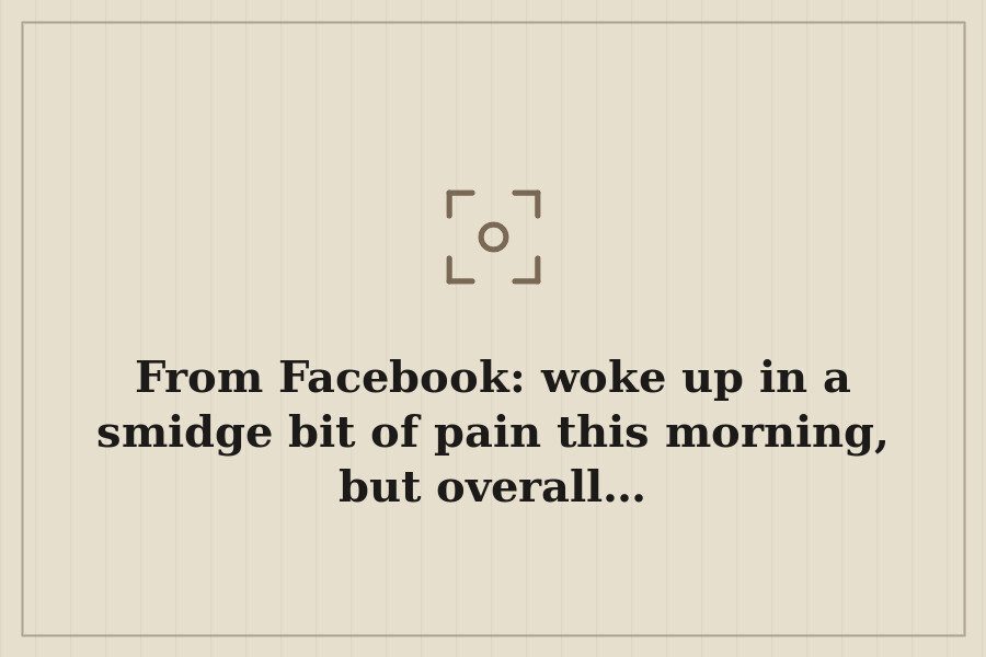From Facebook: woke up in a smidge bit of pain this morning, but overall… — cover