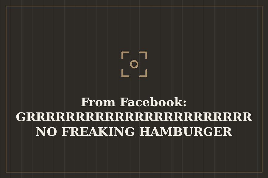 From Facebook: GRRRRRRRRRRRRRRRRRRRRRRR NO FREAKING HAMBURGER BUNS WHEN I NEED THEM!!!!!!!!!!!!!!!!!!!!!!!!!!!!!!!! — cover