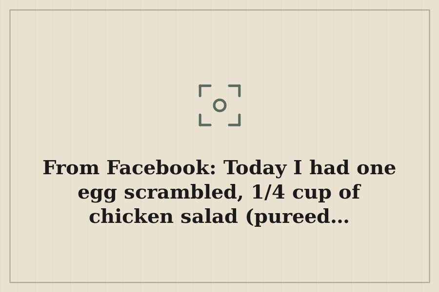 From Facebook: Today I had one egg scrambled, 1/4 cup of chicken salad (pureed… — cover