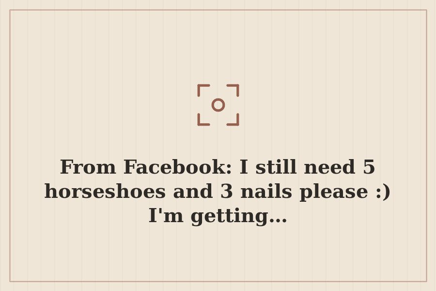 From Facebook: I still need 5 horseshoes and 3 nails please :) I'm getting… — cover