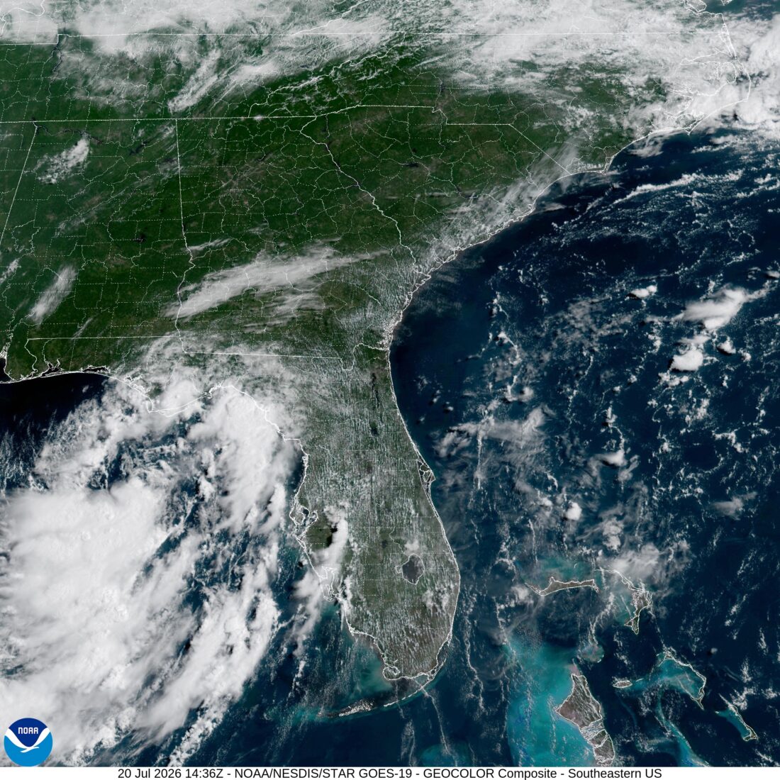 GOES-19 GeoColor — Southeast U.S. · live satellite